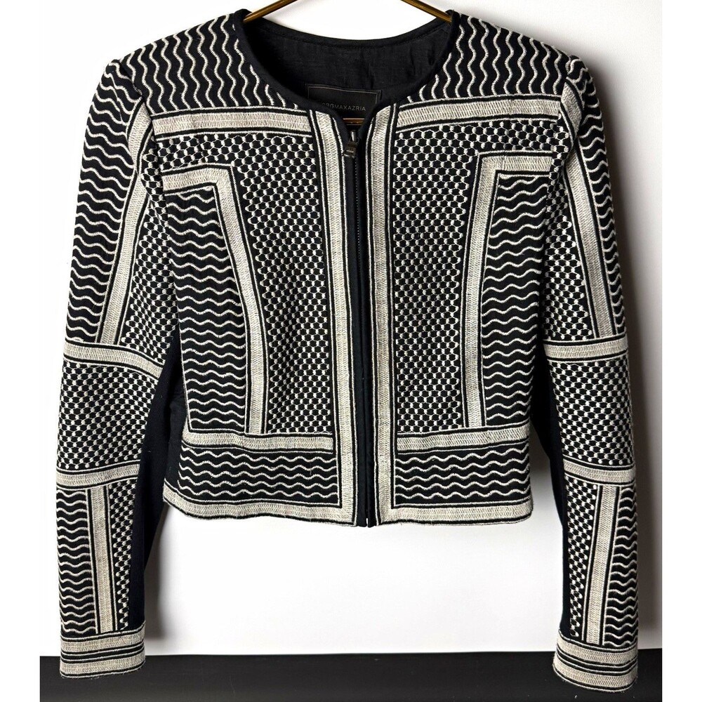 BCBGMAXAZRIA Duke Embroidered Jacquard Jacket Womens S Black Gray Cropped Zip